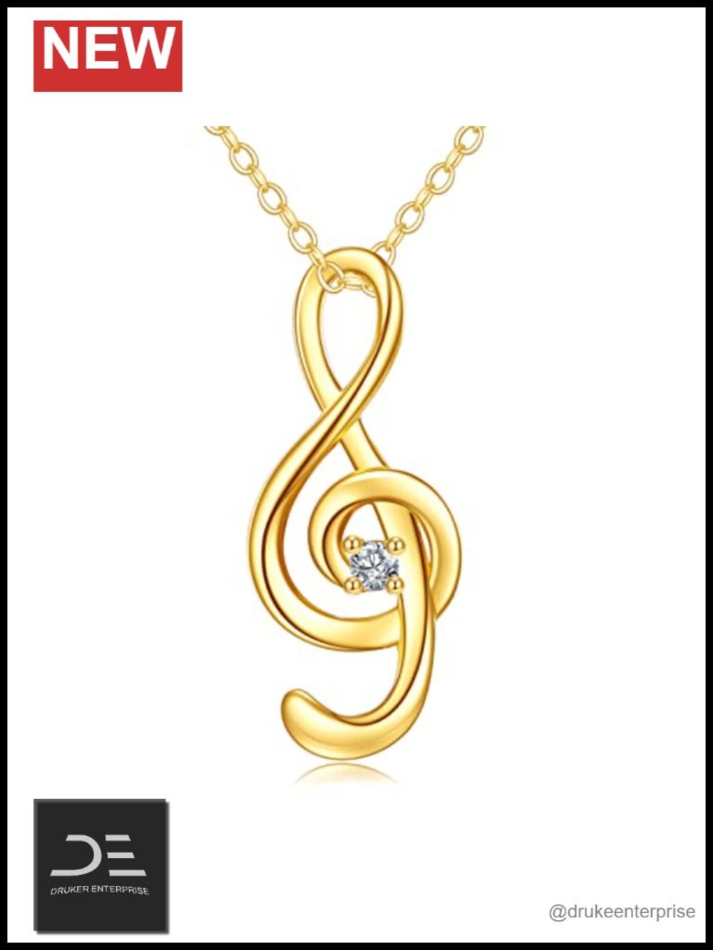 10K Yellow Gold Music Note Pendant Necklace AAAA Cubic Zirconia Fine Jewelry